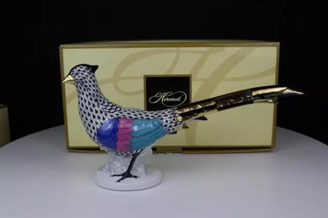 HEREND Excellent Large 12” PHEASANT Blue Fishnet Bird Figurine with BOX