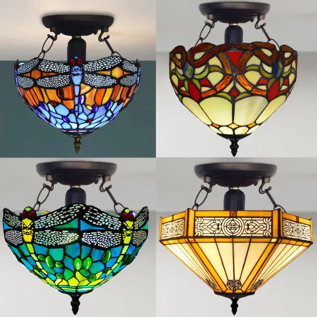 Mission Tiffany Style Glass Semi Flush Ceiling Light Comes With Fixing
