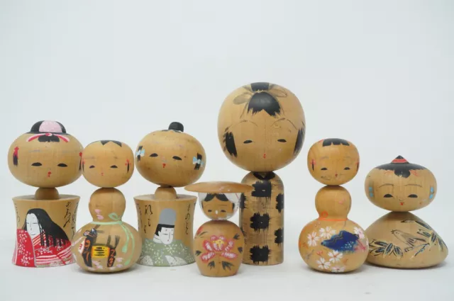 Kokeshi Vintage Doll Set x7 Original Japanische Holz Puppenfamilie 0817C3