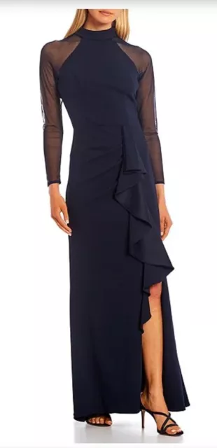 REDUCED NWT Betsy & Adam Mock Neck Long Sleeve Ruffle Slit Navy Stretch Gown 8 