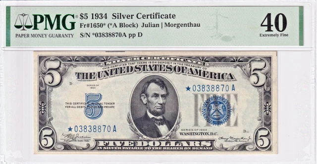 1934 $5 Silver Certificate *STAR* FR#1650* PMG Extremely Fine 40 #*03838870A