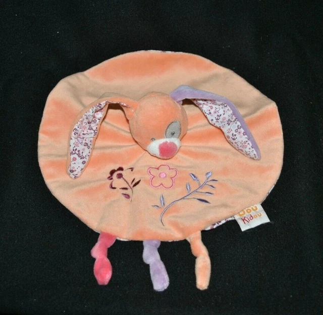 Doudou plat lapin DOUKIDOU DOU KIDOU orange violet mauve cocard fleurs rond TTBE