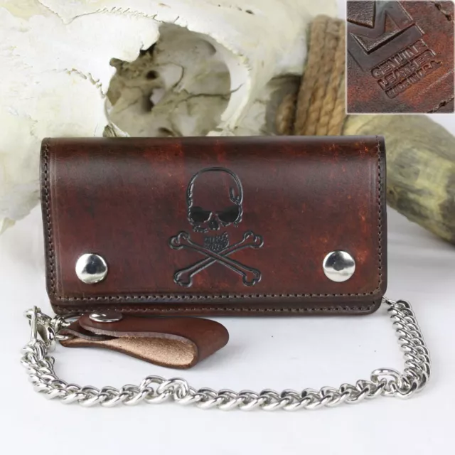 Biker Wallet Kette Geldbörse Skull Totenkopf USA Antik Braun Echt Leder Punziert