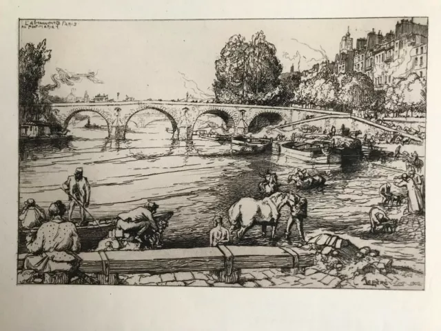 Etching by Auguste Lepere 1849-1918- L'abreuvoir au Pont-Marie, Paris