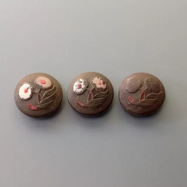 Antique Victorian Wooden Hand Painted Flower Buttons x 3