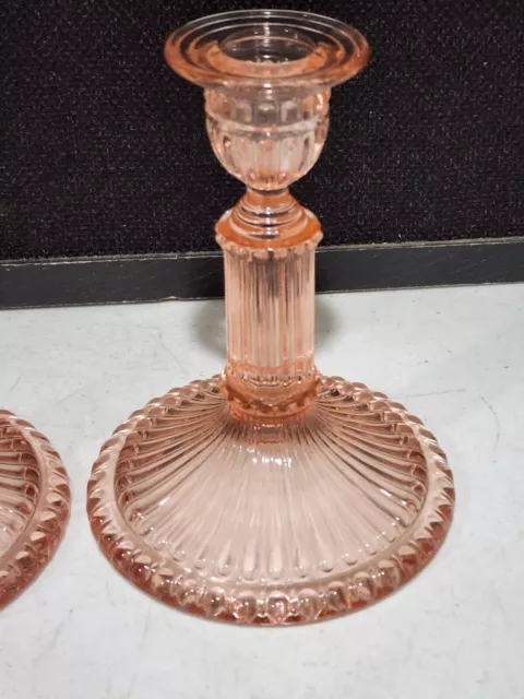 RARE- PAIR Cambridge Glass GADROON PINK Candlestick Candleholders 3