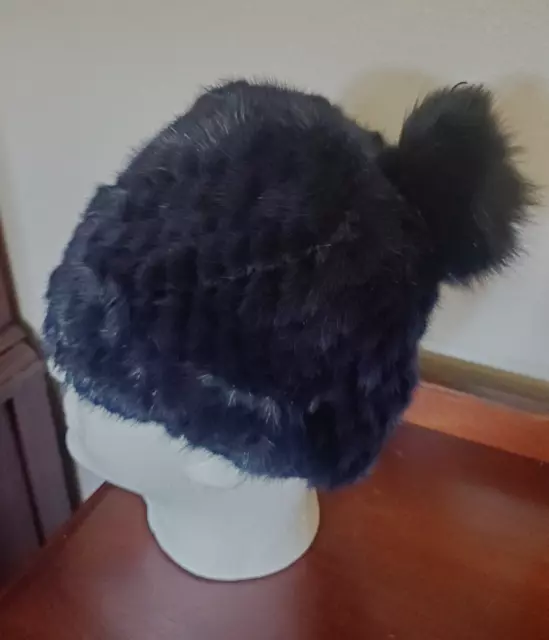 Womens BARNEYS New York MINK & FOX FUR Knit Hat Beanie Navy BLUE Denmark Pom Pom