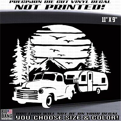 Travel Adventure Vinyl Decal Sticker Old Vintage Pickup Truck Mountains Campfire