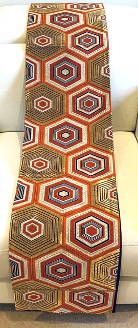 Vintage Giapponese Nero/Oro/Arancione Seta ""Lucky Hexagon"" Completo Fukuro-Obi 4 Kimono
