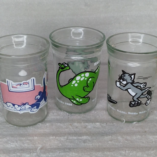 VINTAGE JELLY JAM Jar Juice Glasses Tom Jerry Sylvester Dinosaur 1988