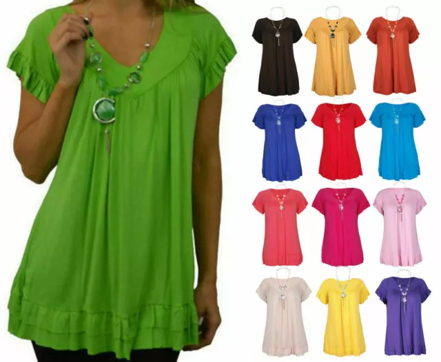 Womens V neck Frill Necklace Gypsy Plus Size Ladies Short Sleeve Long Tunic Tops