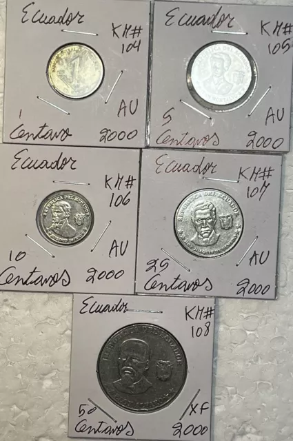 2000 Ecuador 1, 5, 10, 25 & 50 Centavos Extra Fine XF - AU Condition 5 Coin Lot