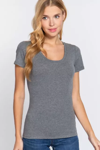 Round Scoop Neck Short Sleeve Basic Top Soft Stretch Cotton Fitted T-Shirt Tee