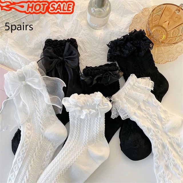 Lot De 6 Paires De Chaussettes Dentelle Femme - Socquettes Volants Blanc & Noir