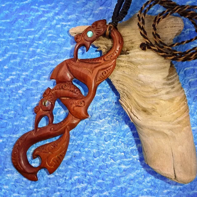 Large Maori Double Manaia Fish Hook Pendant Macrame Necklace Hei Matau