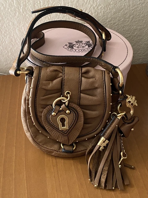 JUICY COUTURE Vintage Brown Leather Mini Crossbody Purse Bag w/Charms and Box!