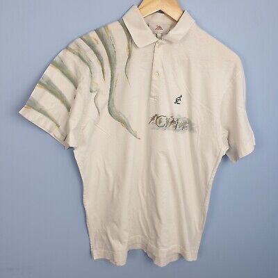 VINTAGE AUSTRALIAN l'alpina da uomo bianca astratto MANICA CORTA POLO TAGLIA S 