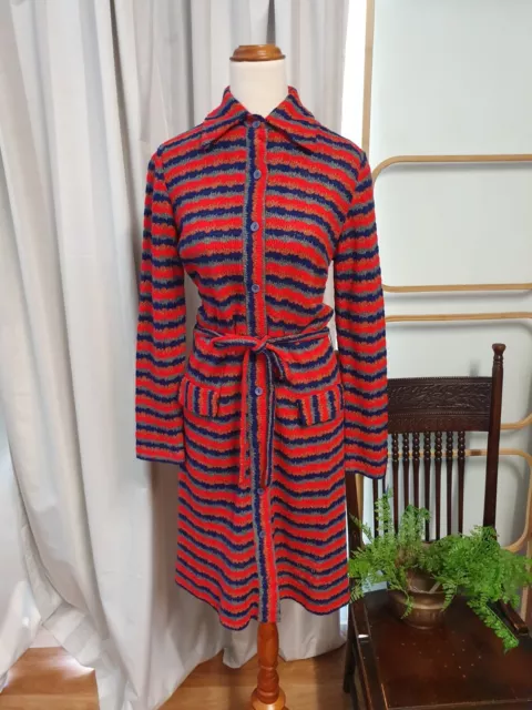 Vintage 60s Red & Blue Bright Long Cardigan/Party Jacket Original Belt Size S 3