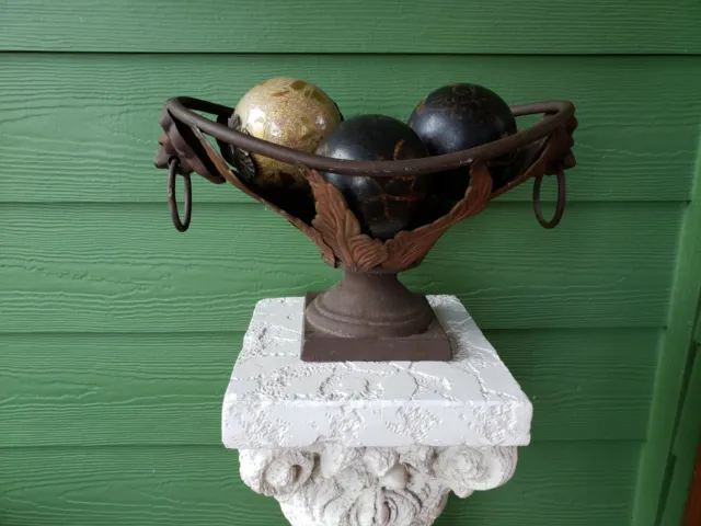 Wrought Iron Metal Basket Lion Head Handles, 4 Decorative Orbs Balls