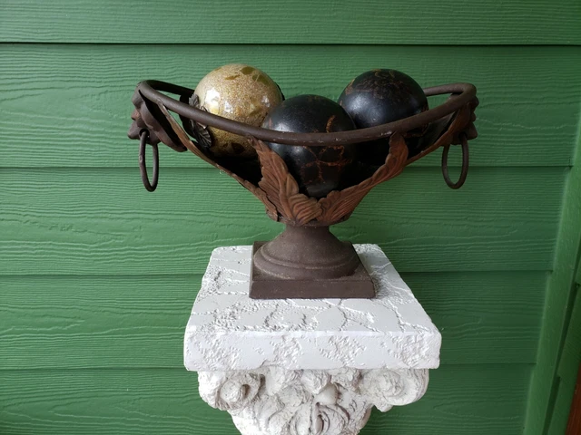 Wrought Iron Metal Basket Lion Head Handles, 4 Decorative Orbs Balls