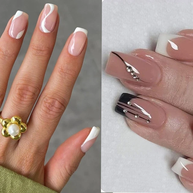 24pcs DIY Manicure Wavy Crystal Fake Nails French Long Square