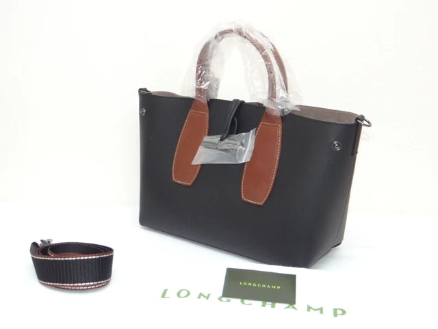 $680 LONGCHAMP Roseau Sellier leather medium tote bag with strap black/brown