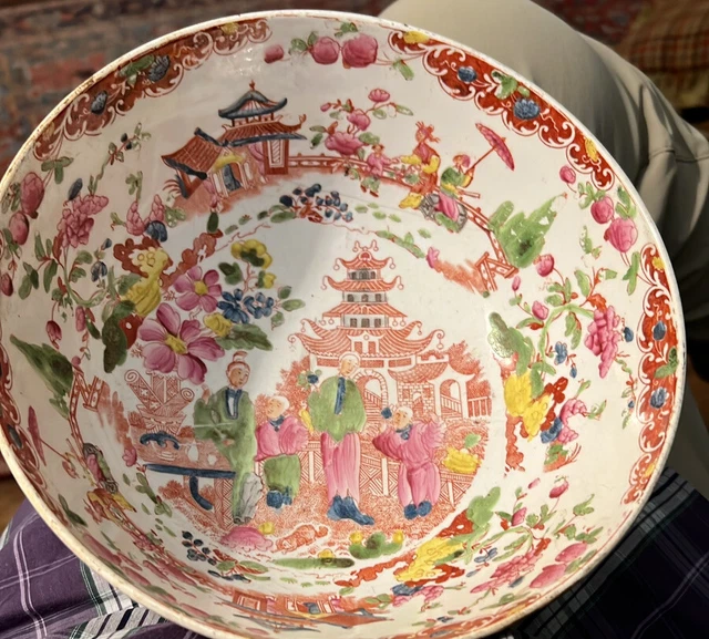 Antique Chinoiserie Porcelain Bowl 19th century pastel colors. larger size