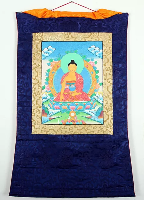 Thangka Des Buddha Shakyamuni Im Blauen Brokatrahmen Handgemalt Buddhismus Nepal