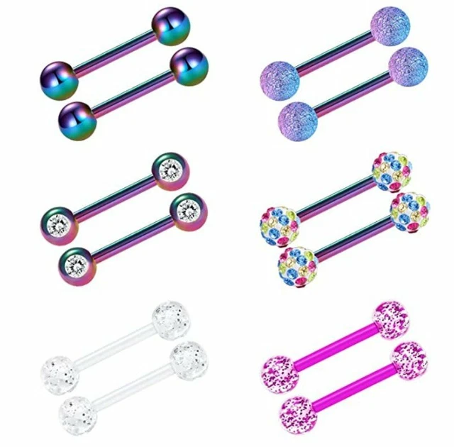 12pcs 14G Tongue Rings Surgical Steel Nipple Straight Barbells Piercing Jewelry