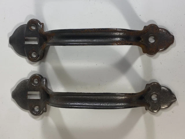 Set 2 Black Cast Iron Door Handles Pulls Barn Shed 7.5" Salvage Hardware
