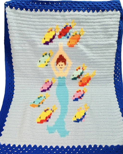 Mermaid Tail Fish Sea Warter Crotchet Blanket Throw Afghan Granny Square