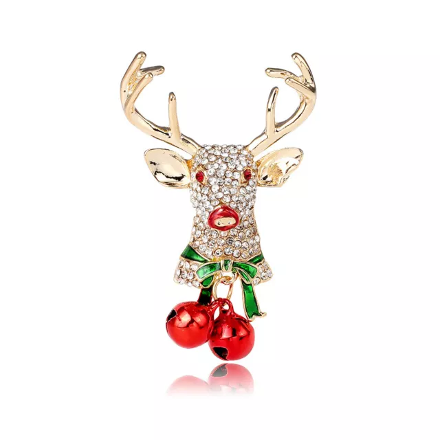 Art Deco Style Enamel Crystal Christmas Elk Bell Brooch Badge Pin Gift