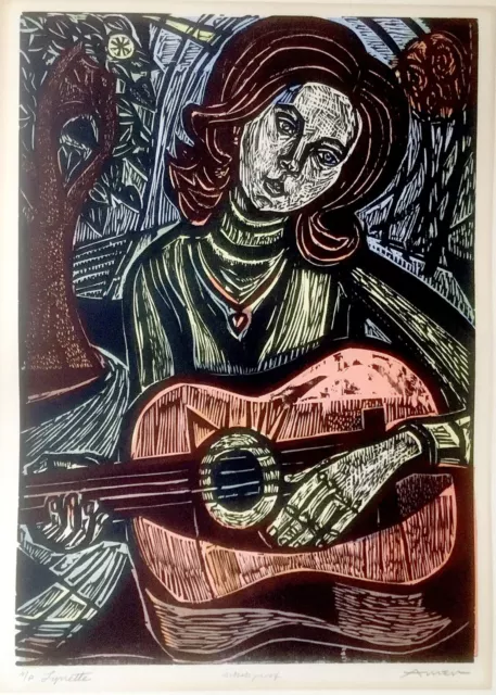 GUITARRISTA FEMENINA IRVING AMEN Original FIRMADO A MANO Color GRABADO EN MADERA Bloque en madera 3