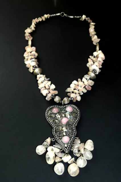 COLLANA con CIONDOLO pietre QUARZO ROSA    - ARTE - MODA 