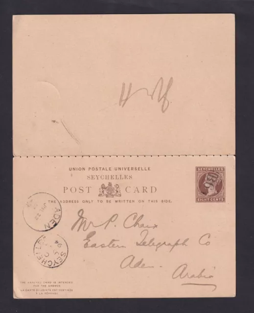 1894 - 8 C. Doppel-Ganzsache ab Seychelles nach ADEN (22111360)