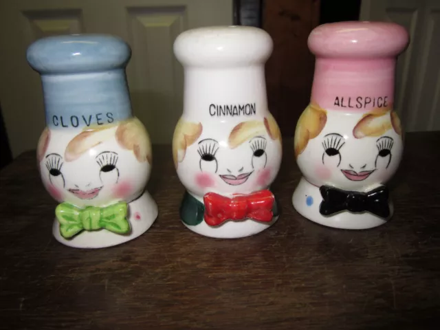 3 VINTAGE FIGURAL smiling face spice shaker jars , made in Japan $16.99 -  PicClick