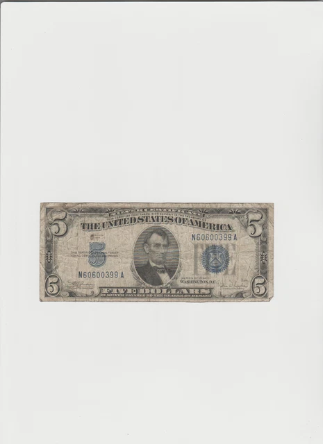 1934-C Five Dollar BLUE Seal Note Silver Certificate $5 Old US Bill Average Circ