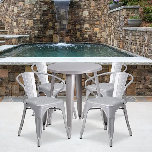 Commercial Grade 24" Round Silver Metal Indoor/Outdoor Table Set w/4 Arm Chairs