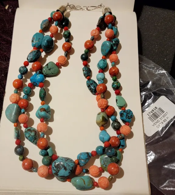 Triple Strand Coral And Turquoise Necklace By Jay King