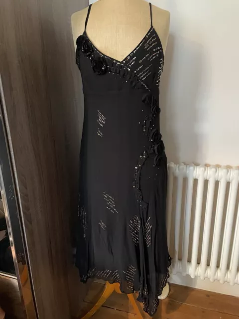 Beautiful Karen Millen Black Silk Chiffon Embellished Midi Dress Size 14