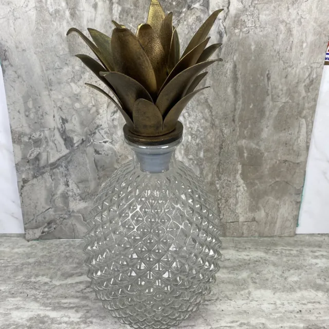 Vintage Pier One Rare Clear Glass Pineapple Decanter Metal Leaf Fronds Stopper