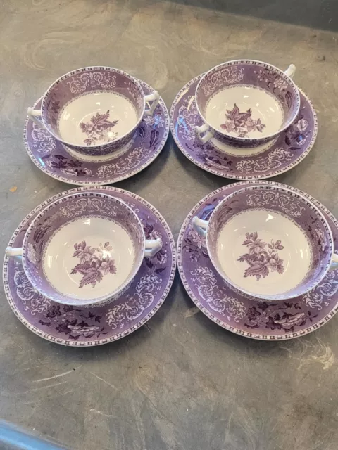 Vintage Spode CAMILLA  COPELAND ENGLAND PURPLE SET OF 4 SOUP BOWLS/SAUCERS