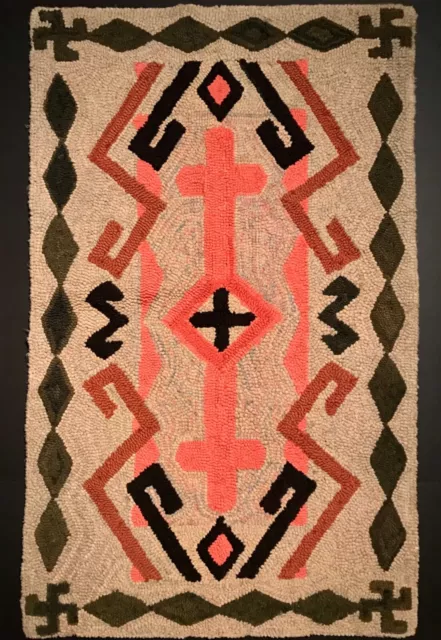Spectacular Antique Hooked Rug, Navajo J.b. Moore Influence, Excellent Condition