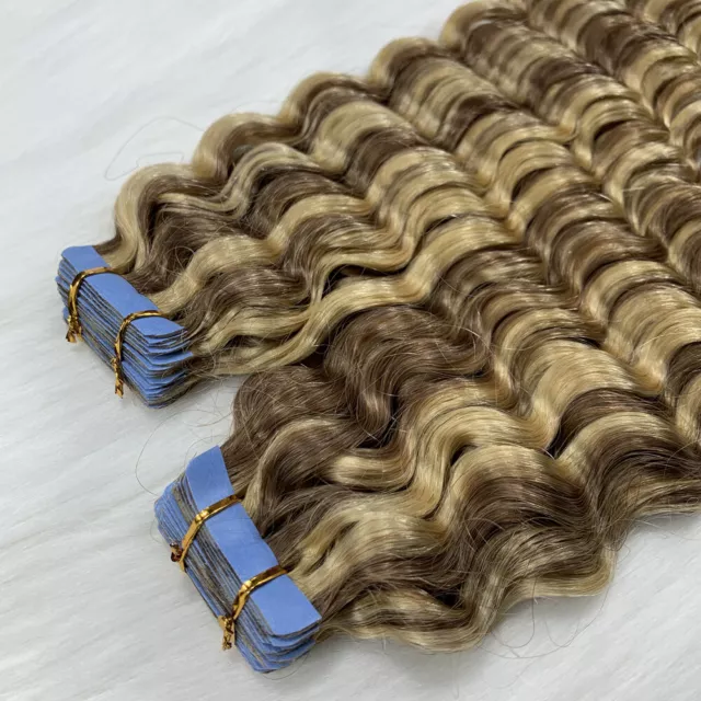 18"-22" Curly & Wavy Tape-in Remy Human Hair Extensions Invisible Full Head 20S