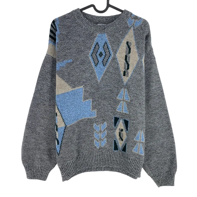 Pull Vintage Luc Moel Années 90 – Bleu, Col Rond, Taille UE 54 / US 44