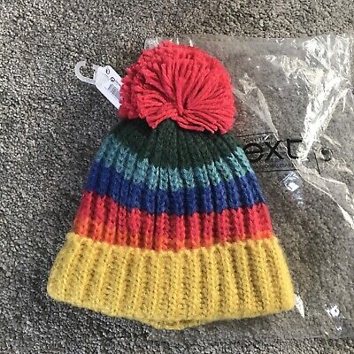NUOVO cappello a righe arcobaleno lavorato a maglia Next 7-8-9-10 anni nuovo con etichette per ragazze ragazzi pom