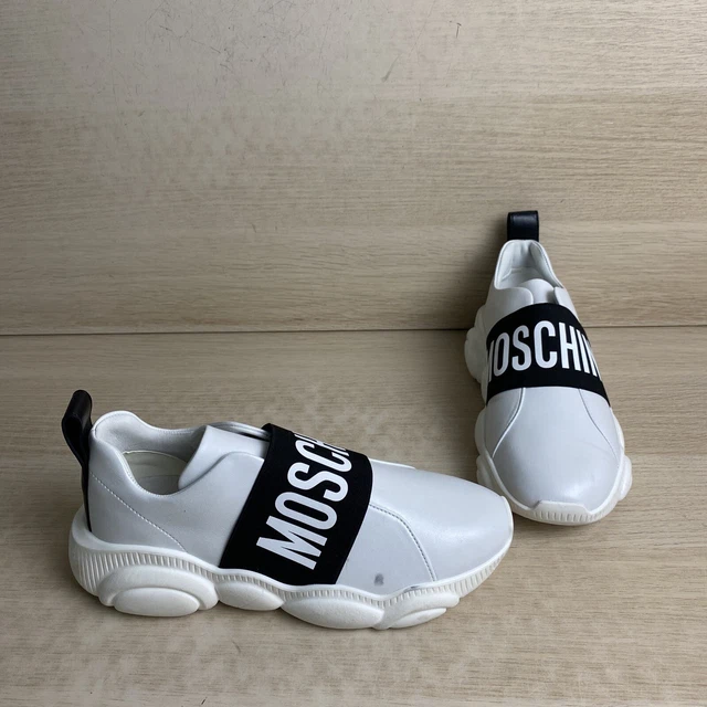 MOSCHINO TEDDY WHITE BLACK Round Toe Slip On Chunky Sole