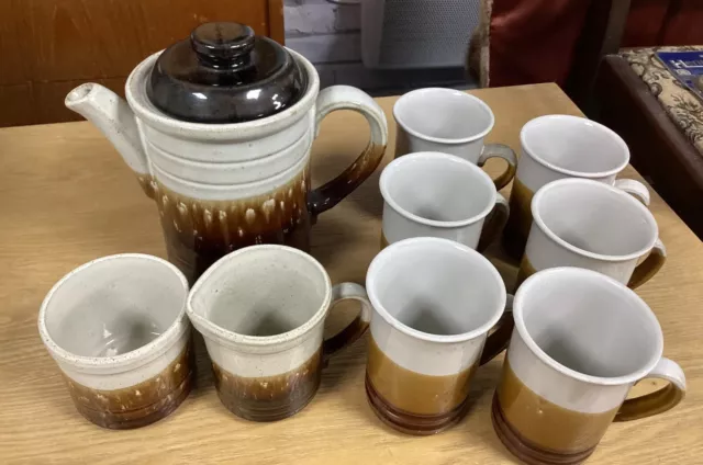 Vintage 1970s Ashdale Pottery Retro Coffee Pot,Milk Jug,Sugar Bowl And 6 Mugs