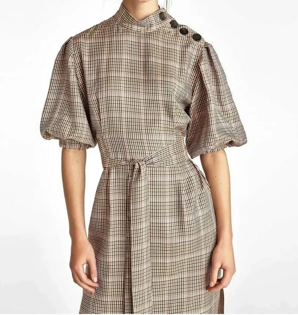 ZARA ECRU/BROWN CHECKED Midi Dress With Belt Button Detail Size