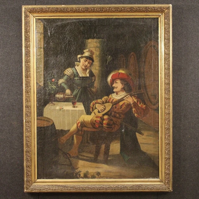 Pintura escena interior cuadro oleo sobre lienzo estilo antiguo 900 con marco